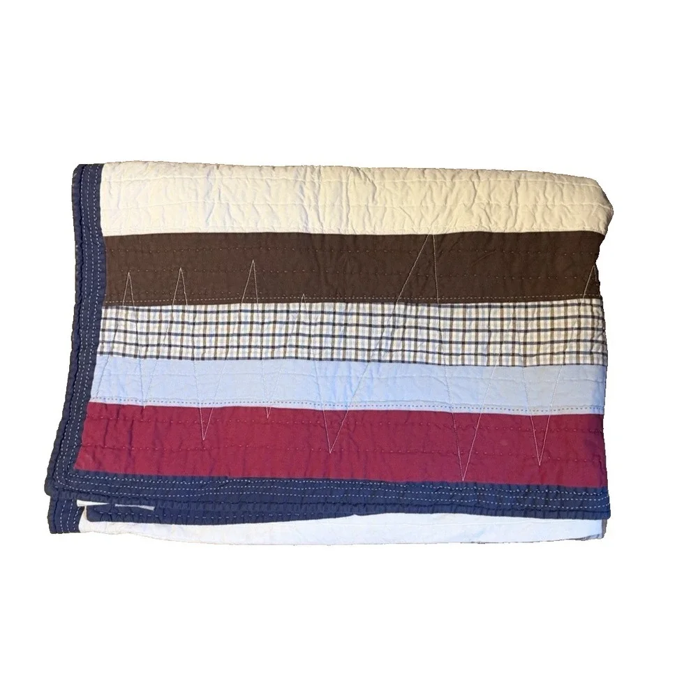 Pottery Barn Kids Blue Red Patchwork Stripes Quilt Toddler Bed Size Colorful